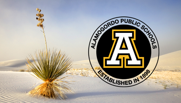 Desert background with plant and Alamogordo Public Schools Logo
