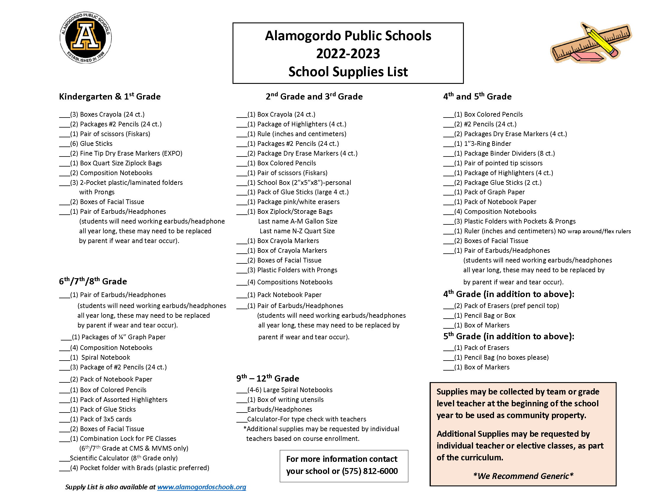 2022-2023 School Supplies List