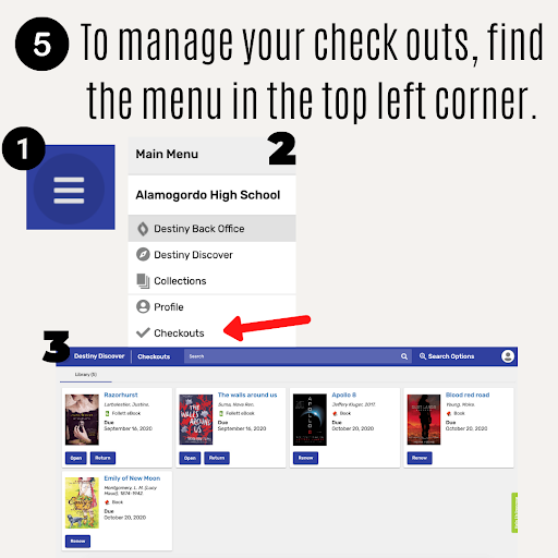 Destiny Step 5- To manage your check outs, find the menu in the top left corner.