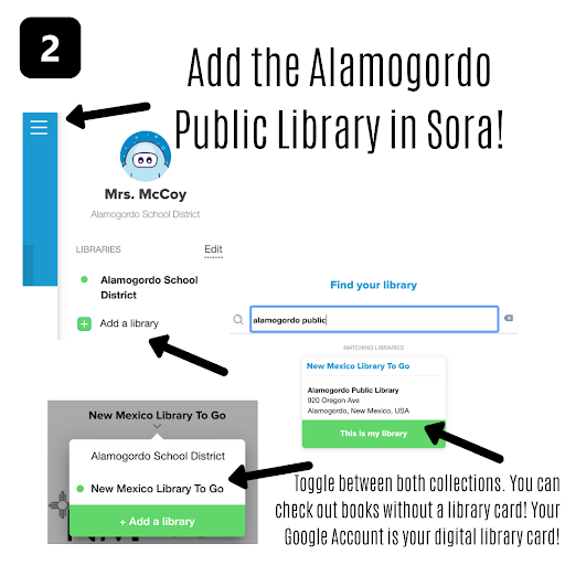 OverDrive step 2- Add the Alamogordo Public Library in Sora!