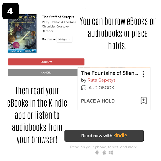 OverDrive step 4- You can borrow eBooks or audiobooks or place holds.
