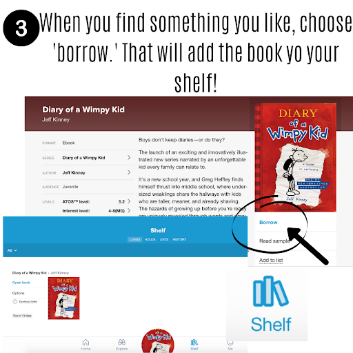 Sora step 3- When you find something you like, choose "borrow." That will add the book to your shelf.