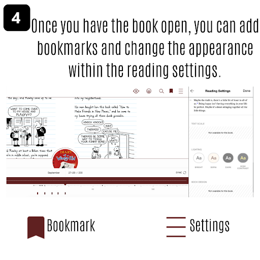 Sora step 4- Once you have the book open, you can add bookmarks and change the appearance within the reading settings.r