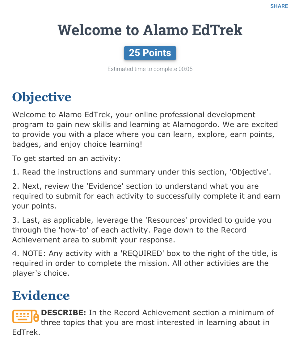 How the Activities look in Alamo EdTrek