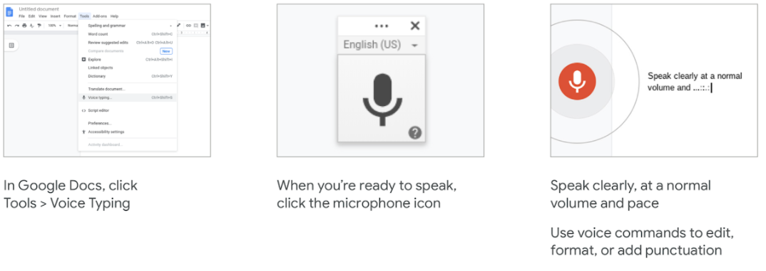 In Google Docs, click Tools> Voice Typing. When you're ready to speak, click the microphone icon. Speak clearly, at a normal volume and pace. Use voice commands to edit format, or add punctuation. 